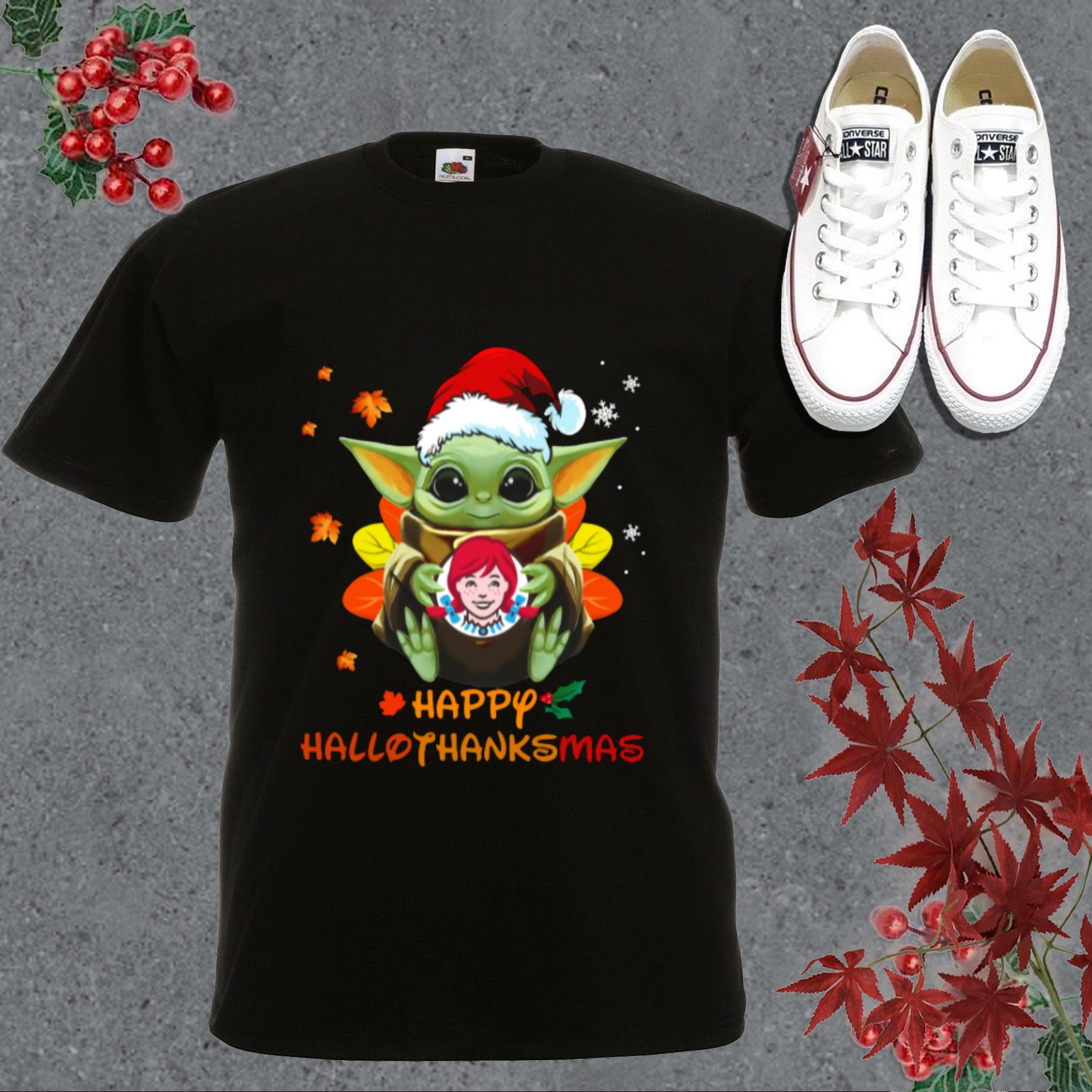 Premium Star Wars Baby Yoda Shirt, Santa Baby Yoda Hug Wendy's Happy Hallothanksmas Shirt
