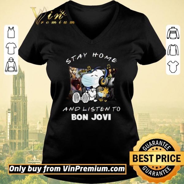 Funny Snoopy Woodstock Mask Stay Home And Listen To Bon Jovi shirt sweater