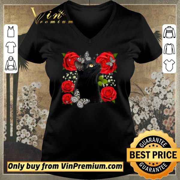 Pretty Black Cat Rose Flowers Butterfly shirt sweater