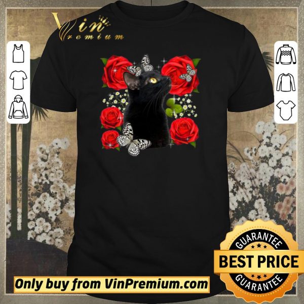 Pretty Black Cat Rose Flowers Butterfly shirt sweater
