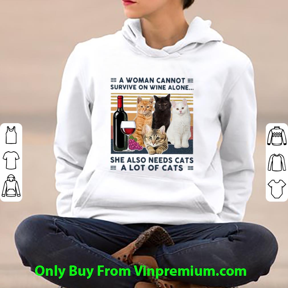 d06377f3 great vintage a woman cannot survive on wine alone she also needs cats shirt 4 - Great Vintage A Woman Cannot Survive On Wine Alone She Also Needs Cats shirt