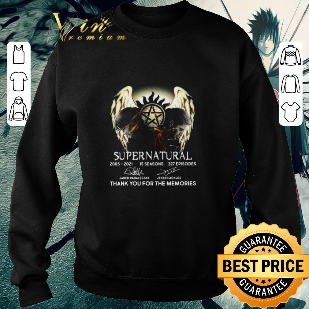 92574a39 pretty supernatural 2005 2021 15 seasons 327 episodes thank you for the memories signatures shirt 4 - Pretty Supernatural 2005 2021 15 Seasons 327 Episodes Thank You For The Memories Signatures shirt