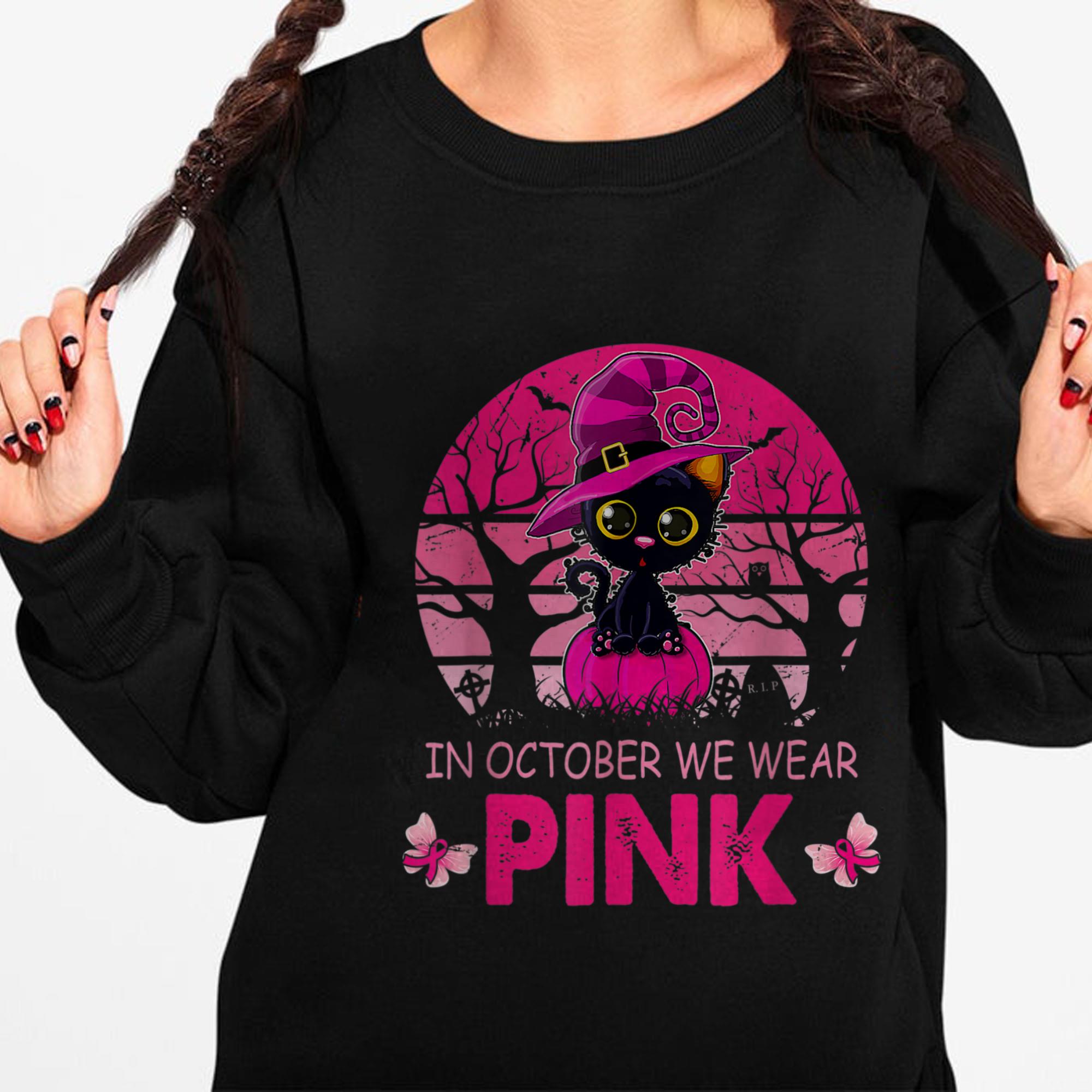 The Best In October We Wear Pink Cute Cat Breast Cancer Awareness Shirt