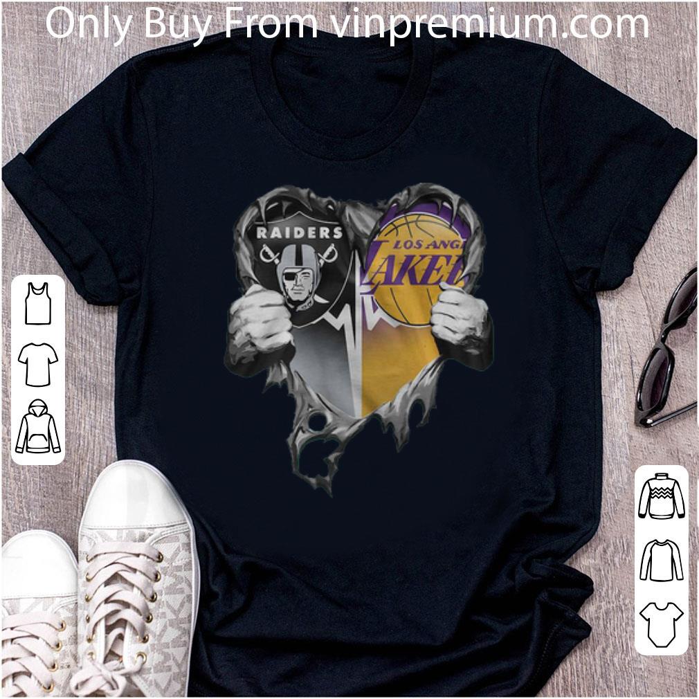 Awesome Las Vegas Raiders And Los Angeles Lakers Blood Inside Me Heart shirt