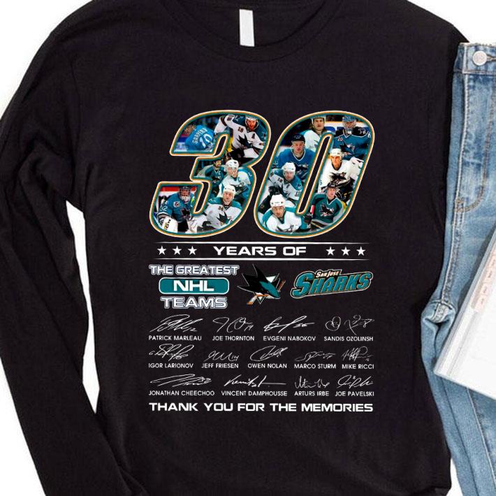 48cce06a san jose sharks 30 years of the greatest nhl teams signatures thank you for the memories shirt 4 - Premium San Jose Sharks 30 years of the greatest NHL teams signatures thank you for the memories shirt