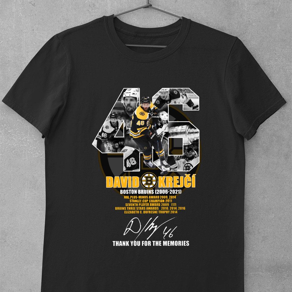 Awesome 46 David Krejci Boston Bruins 2006-2021 Signature NHL Thank You For The Memories Shirt
