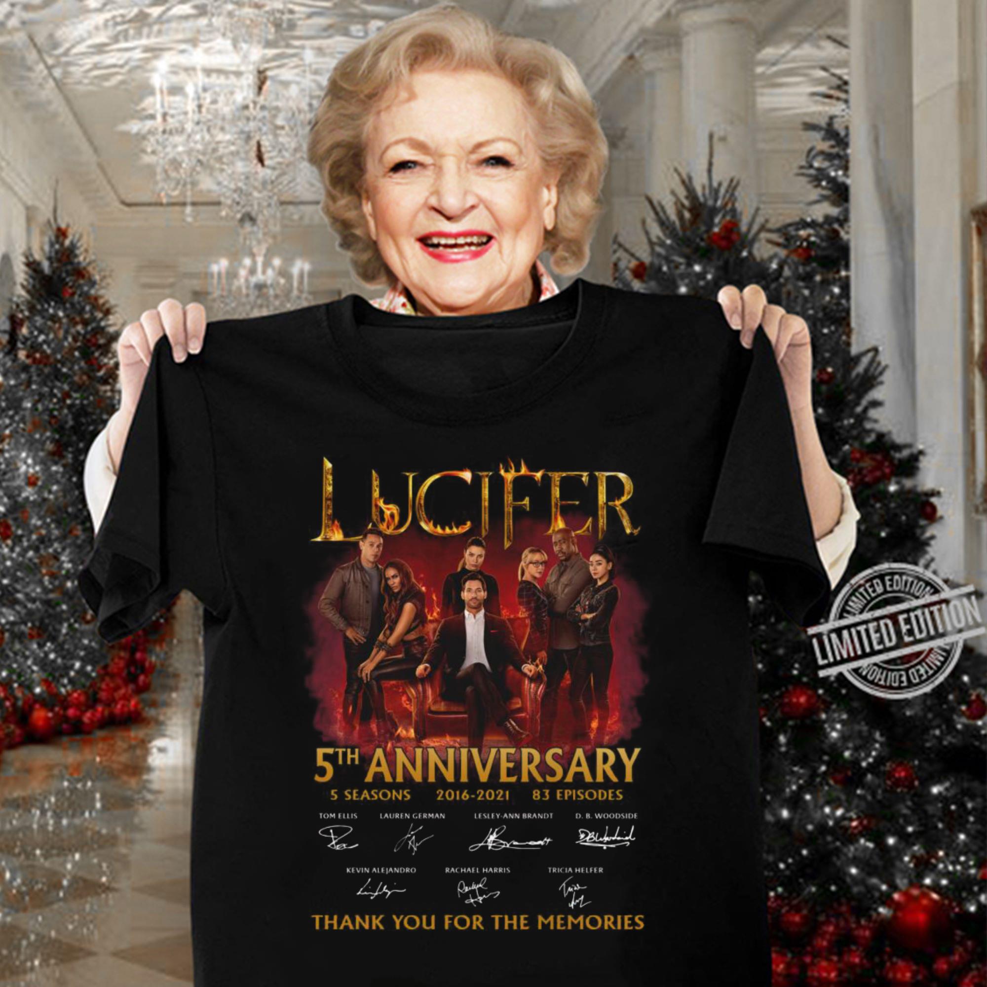 Official Lucifer TV Series 5th anniversary 5 seasons 2016-2021 83 episodes signatures thank memories shirt Lucifer TV Series 5th anniversary 5 seasons 2016 2021 83 episodes signatures thank memories shirt 3 - Official Lucifer TV Series 5th anniversary 5 seasons 2016-2021 83 episodes signatures thank memories shirt