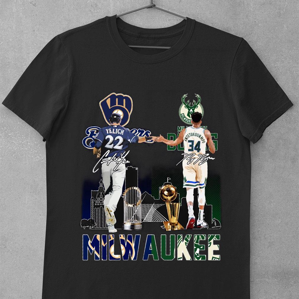 Awesome Milwaukee Sports Teams Christian Yelich Giannis Antetokounmpo Signatures Shirt