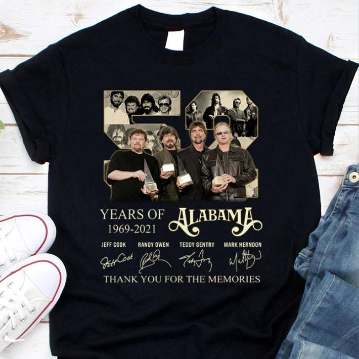 Awesome 52 years of 1969-2021 Alabama thank you for the memories signatures shirt, Jeff Cook, Randy Owen, Teddy Gentry, Mark Herndon