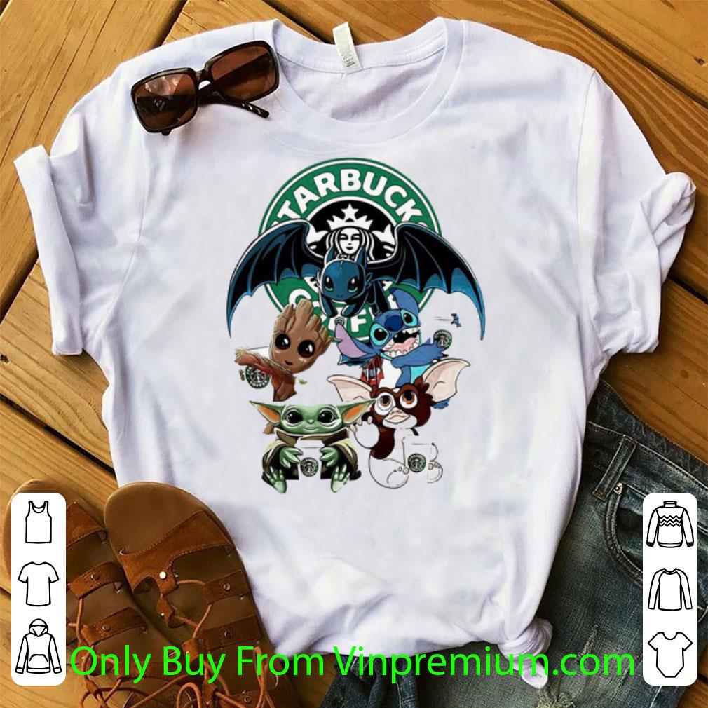 Hot Starbucks Coffee Baby Yoda Groot Stitch Toothless And Gremlins shirt