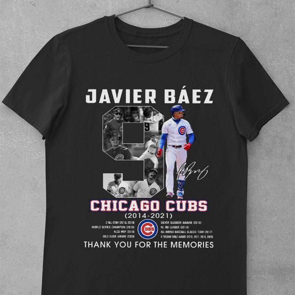 Awesome No. 9 Javier Baez Signature Chicago Cubs 2014-2021 All Star World Series Champion Thank You Shirt