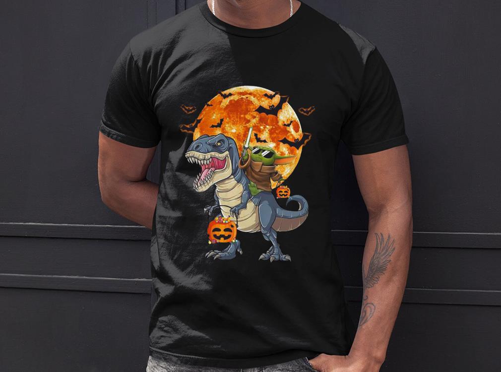 Star Wars Baby Yoda Riding Dinosaur T-rex Pumpkin Moon Halloween Hoodies, Shirt