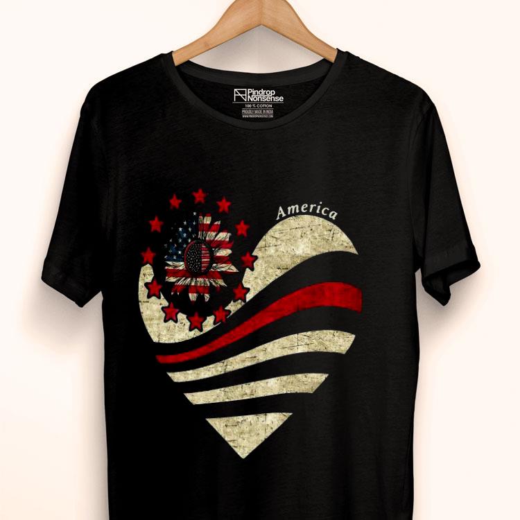 American Thin Red Line Flag Sunflower Heart Shirt