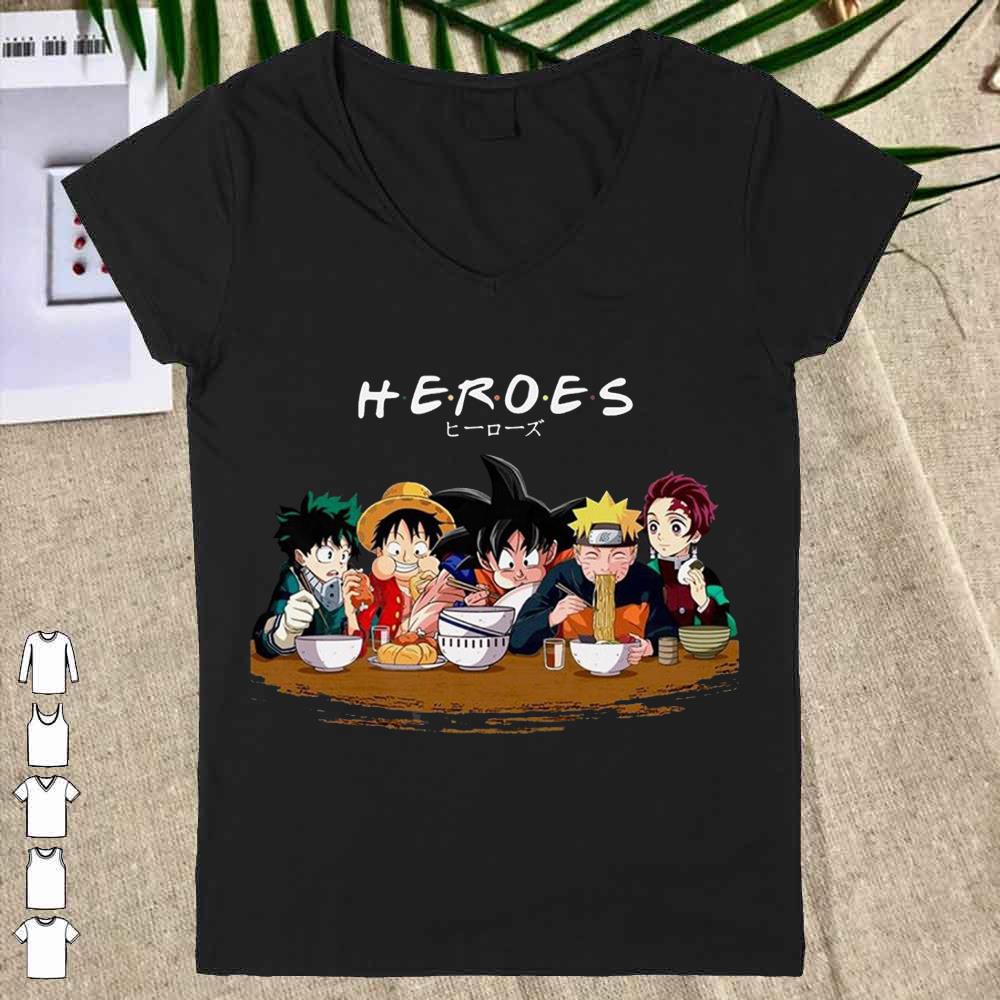 Heroes Friends songoku luffy naruto Shirt Vneck women T shirt - Heroes Friends Naruto Luffy Songoku Tanjirou Kamado Shirt