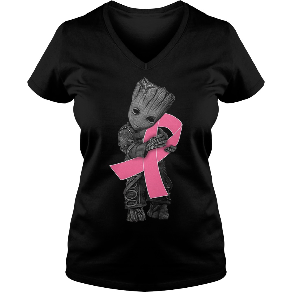 Baby Groot Hugs Breast Cancer T-Shirt Ladies V-Neck