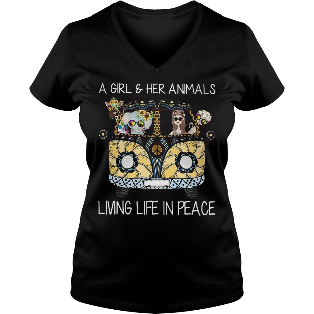 Hippie car sunfloral a girl and her animals living life in peace shirt 4 Hippie car sunfloral a girl and her animals living life in peace shirt Ladies V-Neck