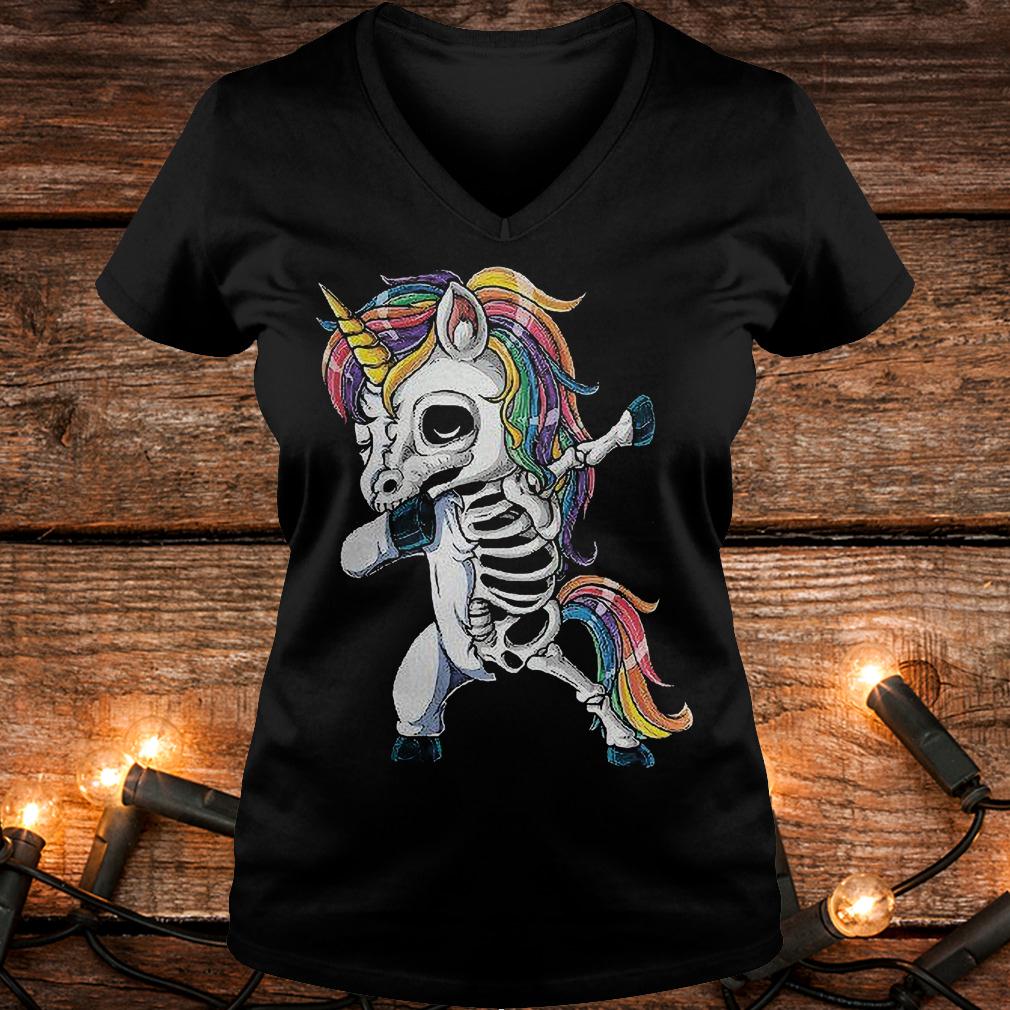 Official Unicorn skeleton dabbing happy halloween skull T-Shirt Ladies V-Neck