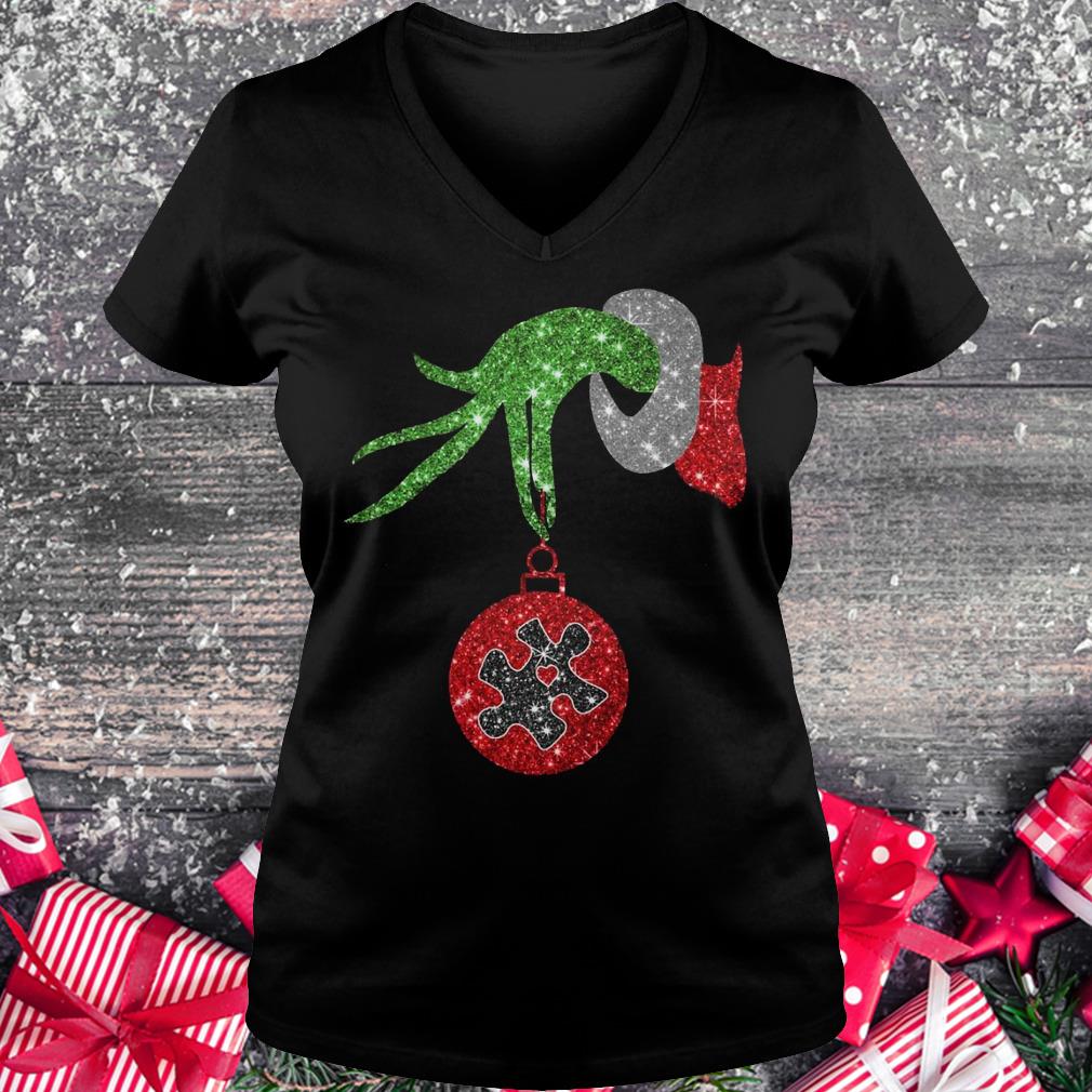 Awesome Grinch Hand Holds Autism Twinkle Ornament shirt Ladies V-Neck