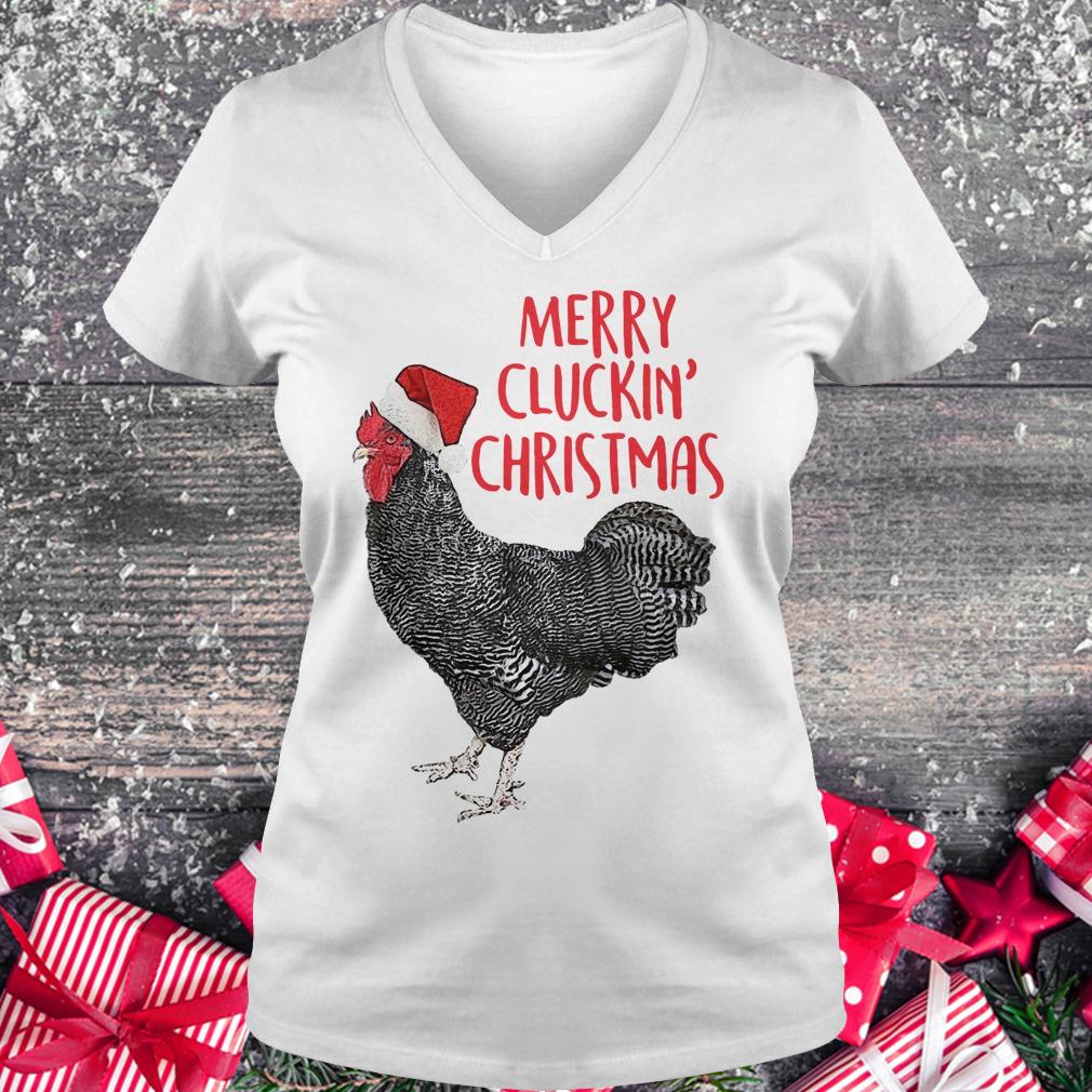 Awesome Speckled Rooster Merry cluckin christmas shirt Ladies V-Neck