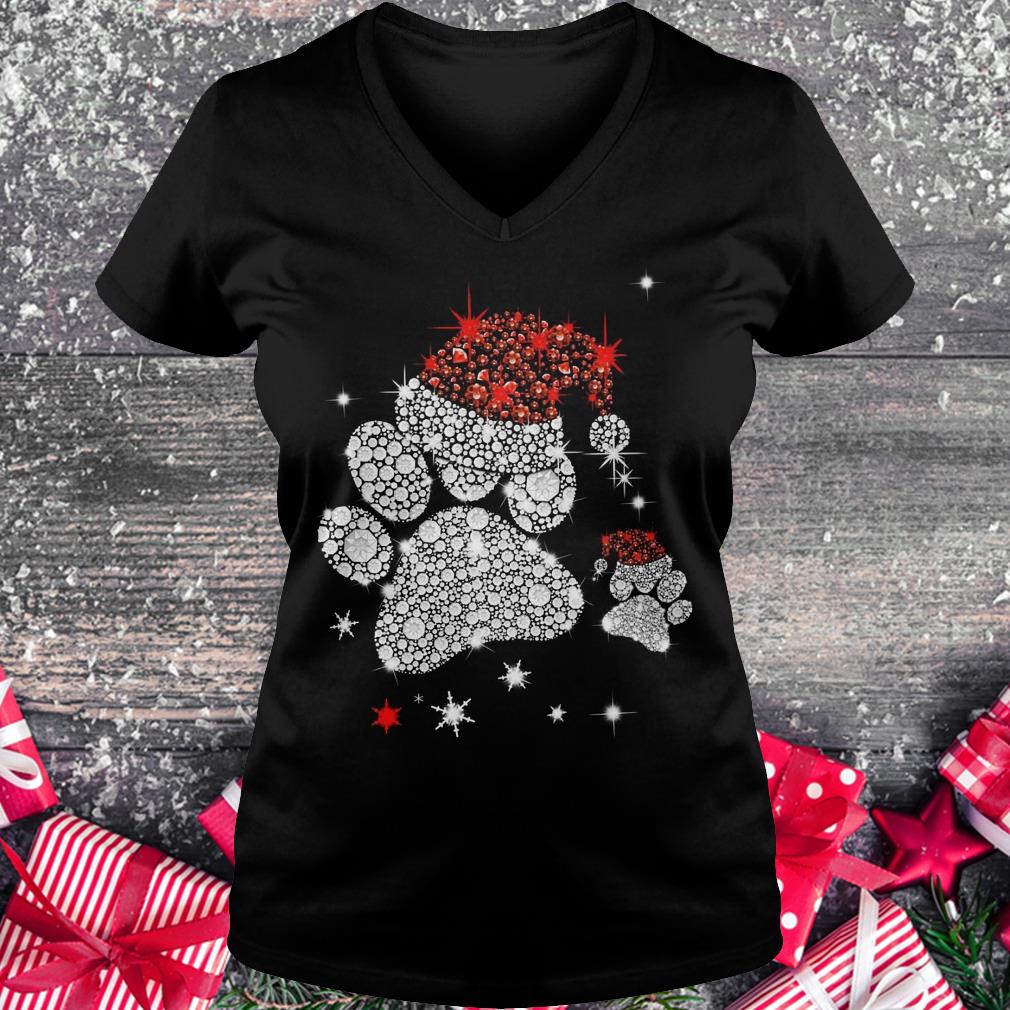 Nice Dog Footprint Santa Hat shirt Ladies V-Neck