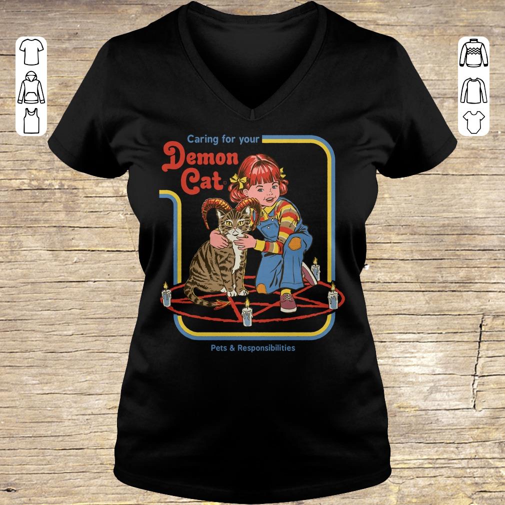 Original Pets & Responsibilities Caring for your Demon Cat shirt, sweater Ladies V-Neck