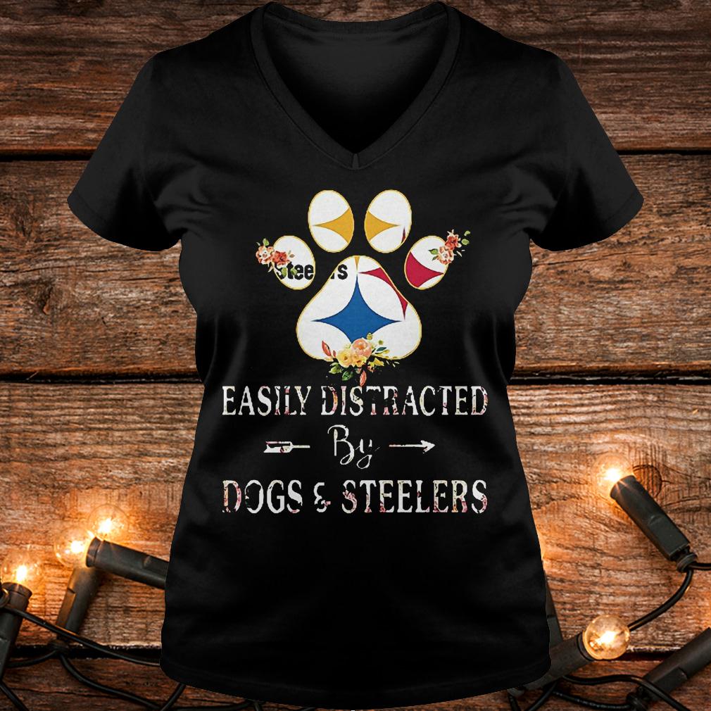 Premium Paw bear easily distracted by dogs and Steelers Shirt 4 Premium Paw bear easily distracted by dogs and Steelers Shirt Ladies V-Neck