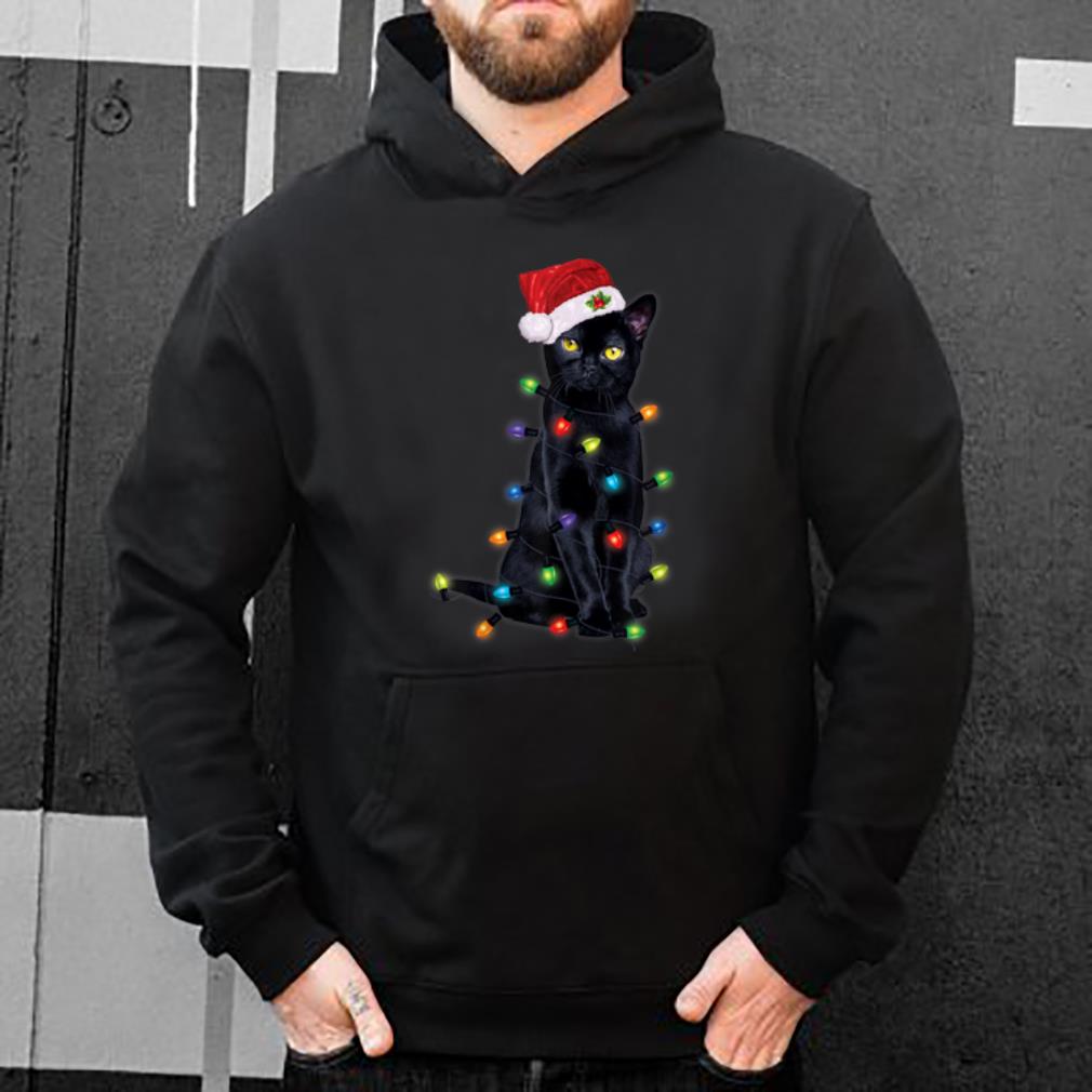 Nice Black Santa Cat with christmas lights Funny Cats Gift shirt