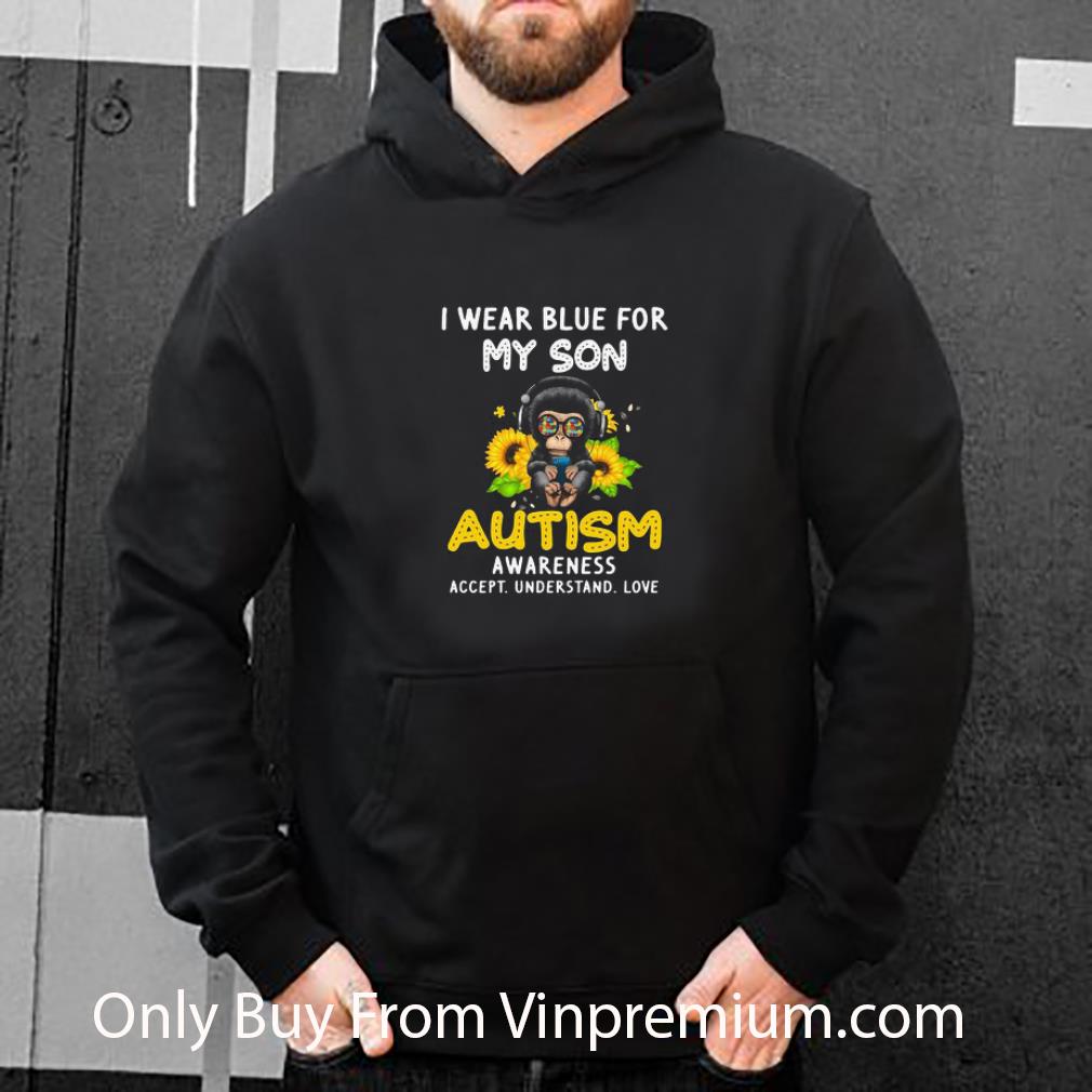Awesome Monkey I Wear Blue For My Son Autism Awareness Accept Understand Love Sunflower shirt