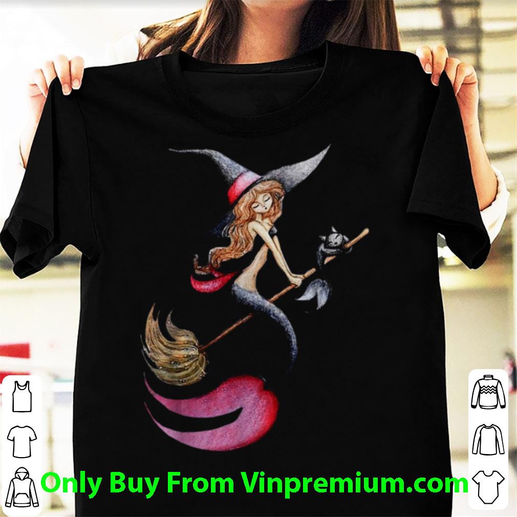 Nice Halloween Witch Mermaid Is Riding A Broom With Her Cat shirt 6