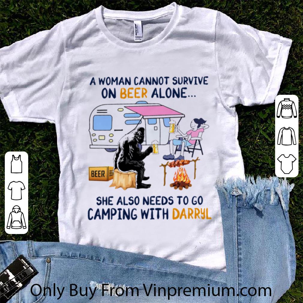 Official Bigfoot A Woman Cannot Survive On Beer Alone She Also Needs To Go Camping With Darryl shirt 6