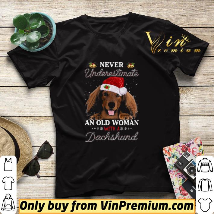 Never Underestimate An Old Woman With A Long Haired Dachshund Merry Christmas shirt sweater