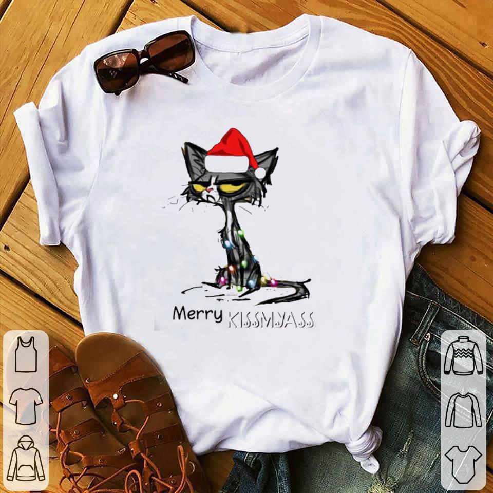Nice Black Cat Santa Hat Merry Kissmyass Christmas Sweater shirt 7