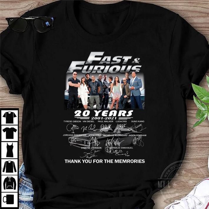 Original Fast and Furious Season 9 20 years 2001-2021 signatures thank you for the memories shirt 8