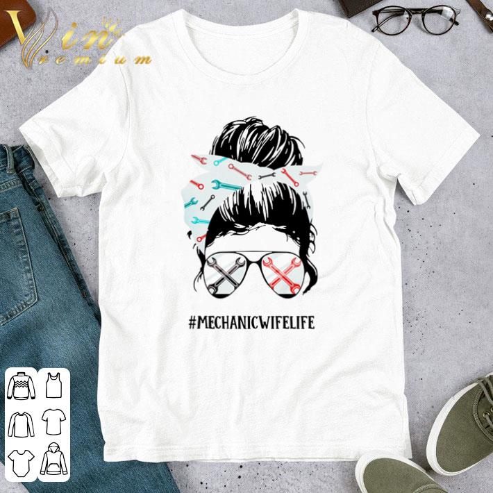 Girl wearing glasses and bandana crazy Mechanic’s #mechanicwifelife shirt