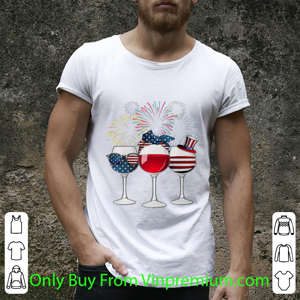 Pretty Wine Glasses Fireworks Independence Day American Flag shirt