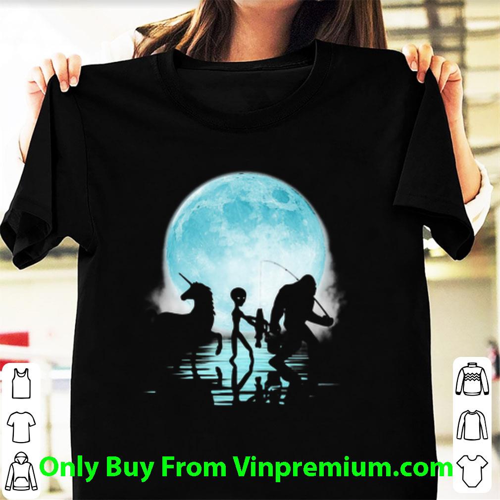 Pretty Fishing Under The Moon Bigfoot Alien And Unicorn shirt