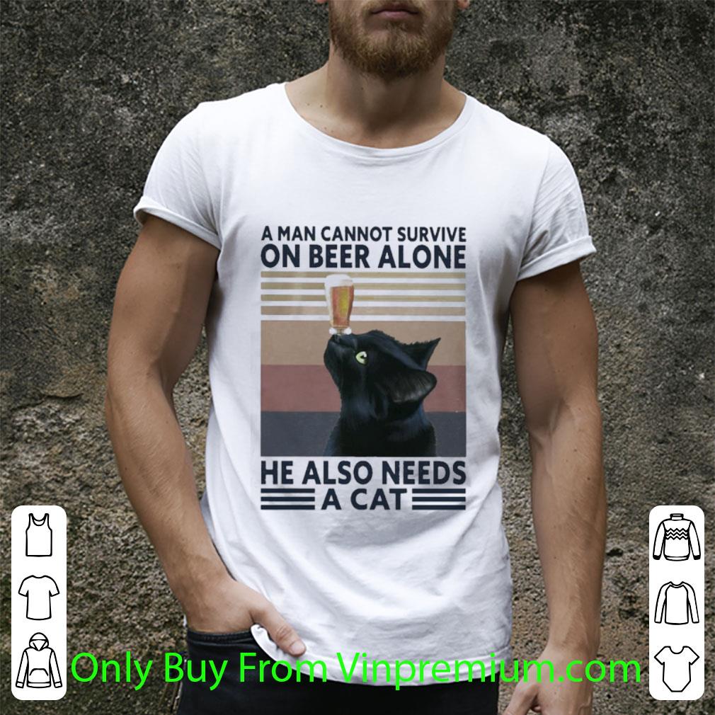 Hot Vintage A Man Cannot Survive On Beer Alone He Also Needs A Cat shirt