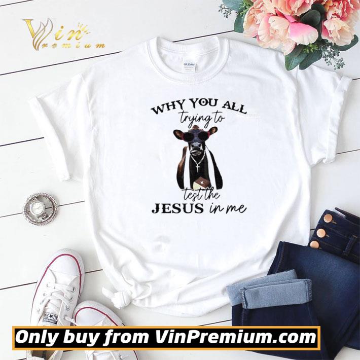 Awesome Cow why you all trying to test the Jesus in me shirt sweater