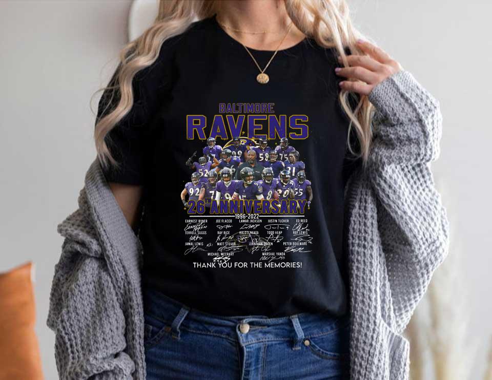 Baltimore Ravens 26th Shirt, The Baltimore Ravens 26th Anniversary 1996 2022 Signatures Thank You For The Memories Shirt