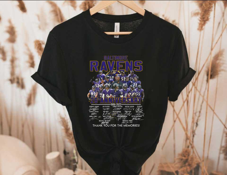 Baltimore Ravens 26th Shirt, The Baltimore Ravens 26th Anniversary 1996 2022 Signatures Thank You For The Memories Shirt