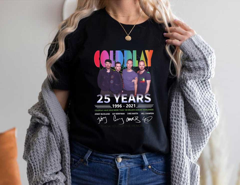 Coldplay Band 25 Years Shirt, Coldplay Band 25 Years 1996 2021 Thank You For The Memories Signatures Shirt