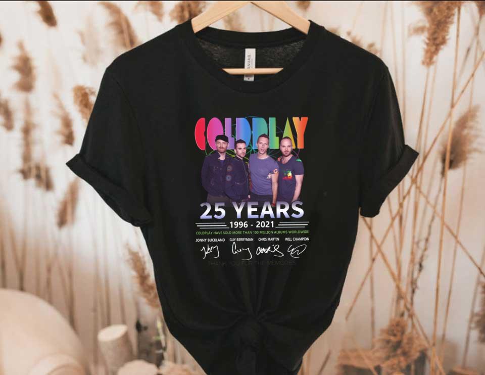 Coldplay Band 25 Years Shirt, Coldplay Band 25 Years 1996 2021 Thank You For The Memories Signatures Shirt