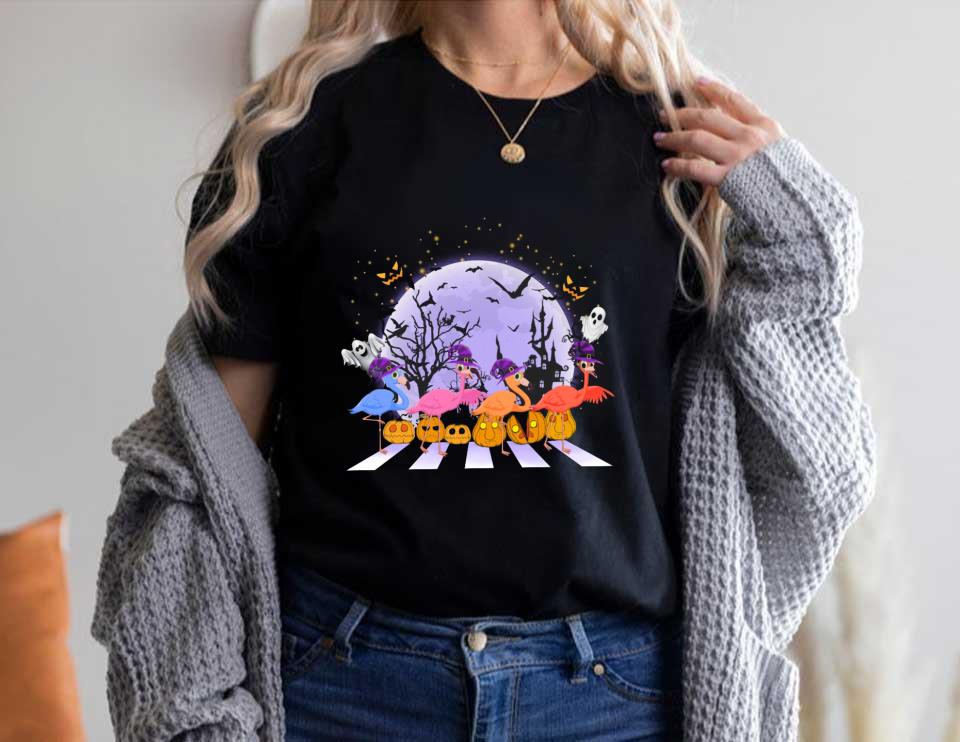 Flamingo Witch Pumpkins Abbey Road Moon Halloween Shirt, Flamingo Witch Abbey Road Happy Halloween Shirt