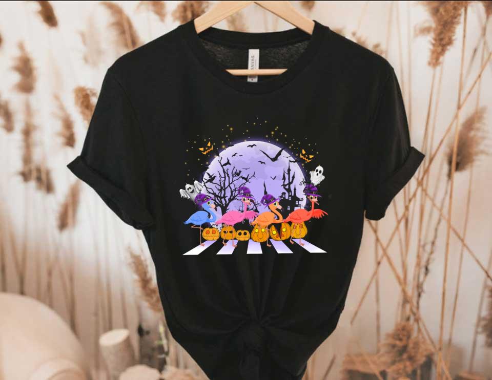Flamingo Witch Pumpkins Abbey Road Moon Halloween Shirt, Flamingo Witch Abbey Road Happy Halloween Shirt
