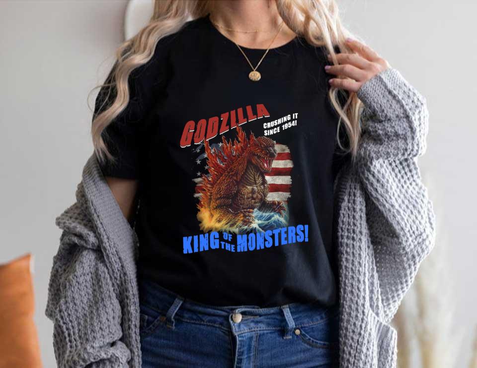 Godzilla King Of The Monsters And American Flag Shirt, Godzilla Crushing It Since 1954 King Of The Monsters Shirt