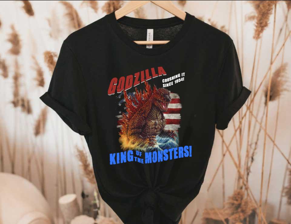 Godzilla King Of The Monsters And American Flag Shirt, Godzilla Crushing It Since 1954 King Of The Monsters Shirt