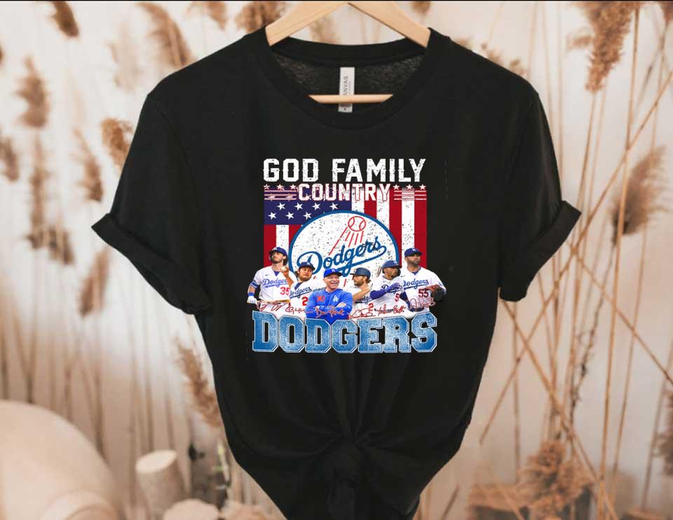 Los Angeles Dodgers God Family Country Yankees Signatures Shirt, God Family Dodgers American Flag Shirt