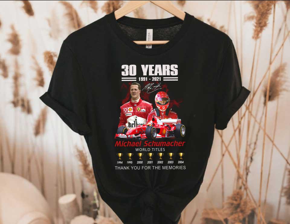 Michael Schumacher World Titles Cup Shirt, 30 Years 1997 2021 Michael Schumacher World Titles Thank You Memories Shirt