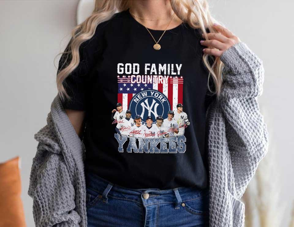 New York Yankees God Family Country Yankees Signatures Shirt, God Family Yankees American Flag Shirt