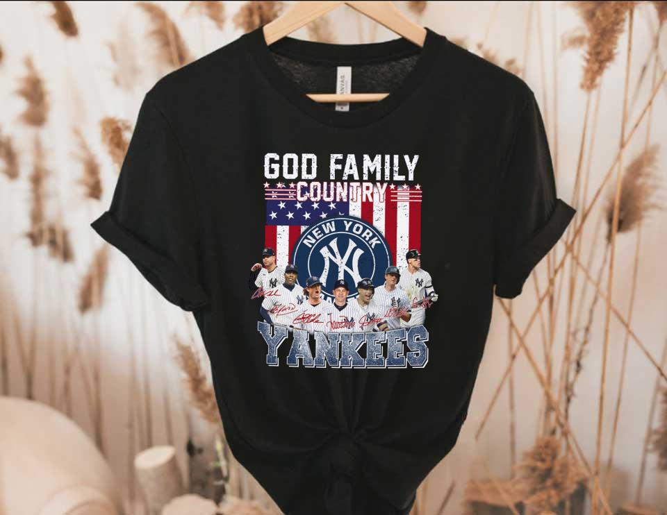 New York Yankees God Family Country Yankees Signatures Shirt, God Family Yankees American Flag Shirt